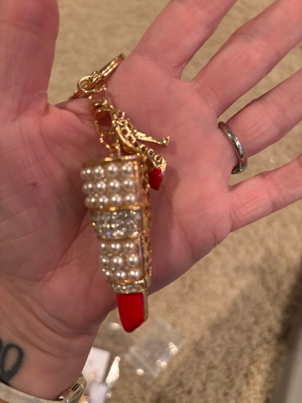 Gold Pearl & Red Lipstick Keychain Charm - Picture 3 of 3